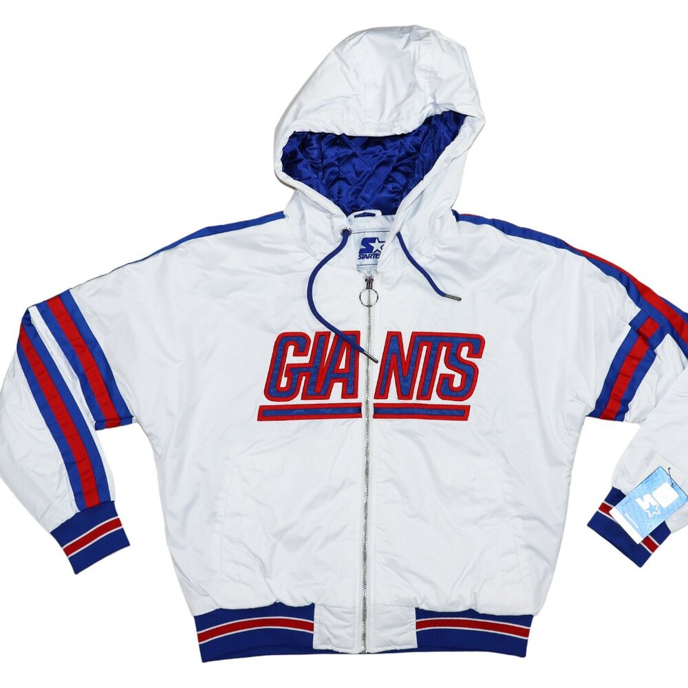 STARTER White Blue Red NY Giants Hooded Bomber Jacket